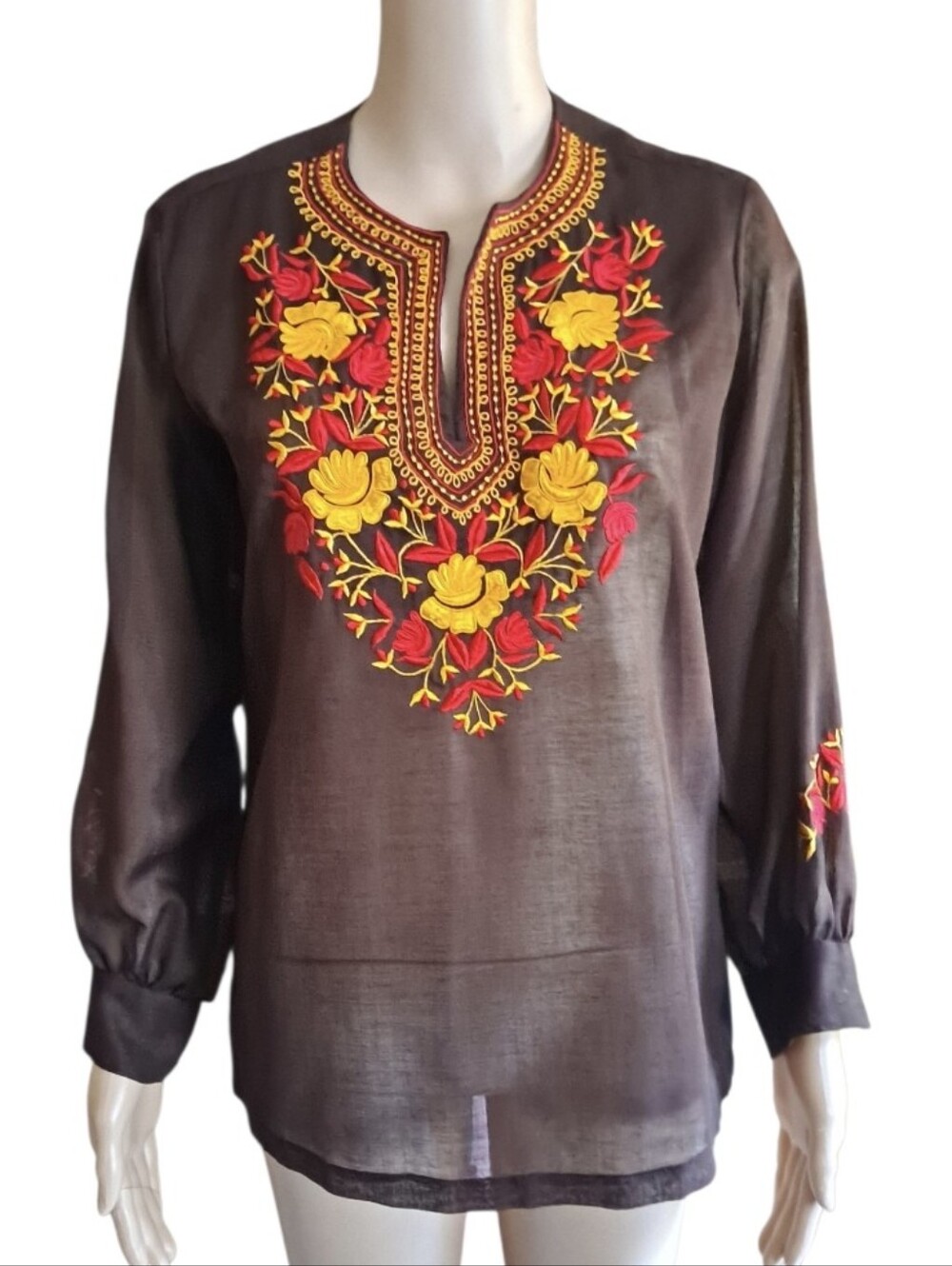 Brown Embroidered V-Neck Floral Blouse